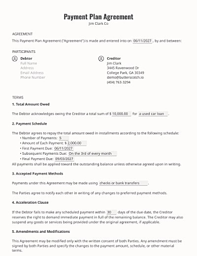 Payment Plan Agreements template