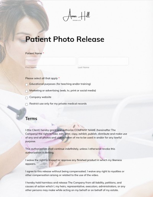 Photo release form for photographing patients