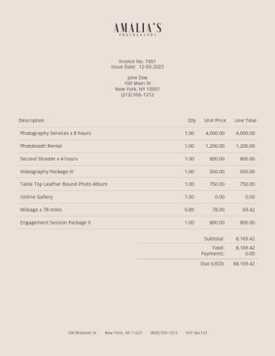 Simple photography invoice template