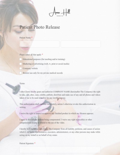 Photo release form for photographing patients