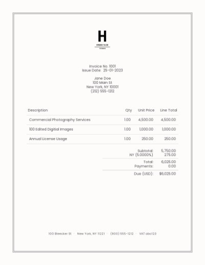 Commercial photography invoice template