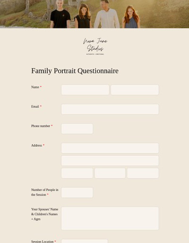 Questionnaire for family portrait shoot