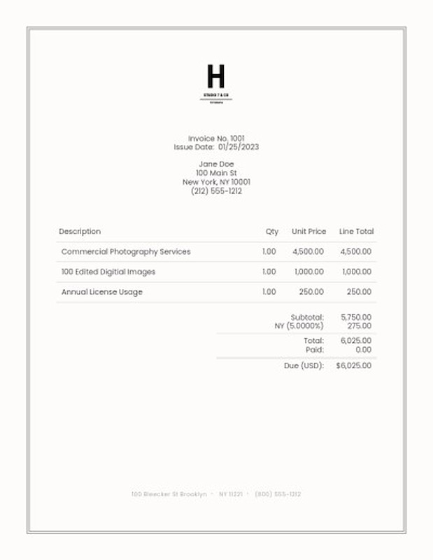 Commercial photography invoice template