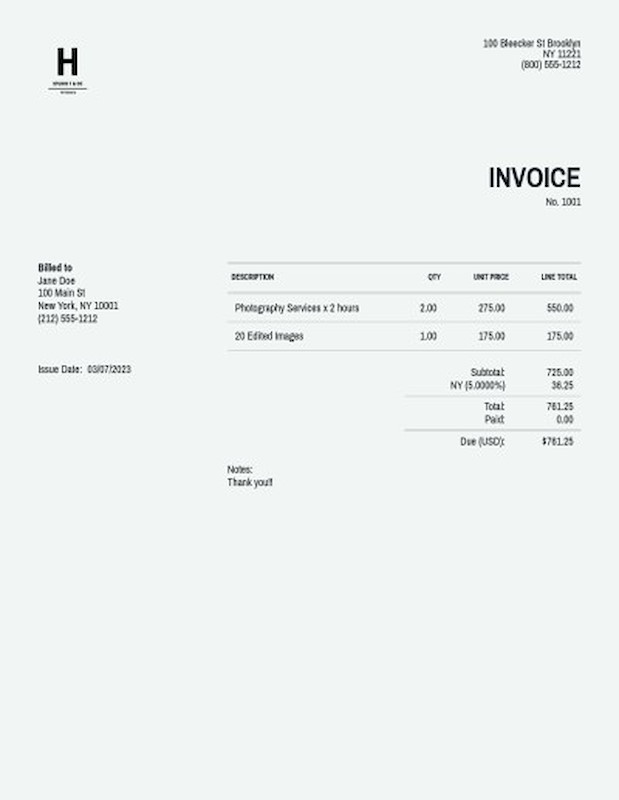 Freelance photography invoice template