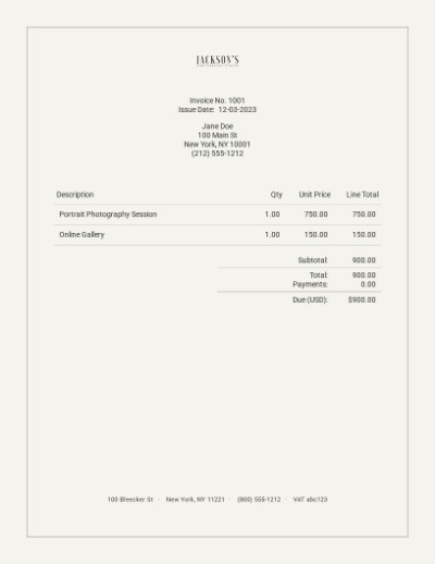 Sample photography invoice template