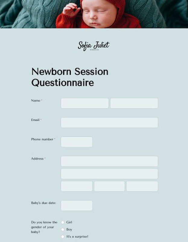 Questionnaire for newborn photography