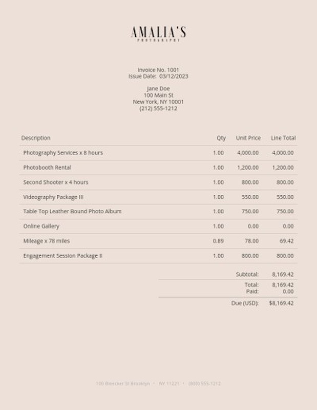 Simple photography invoice template