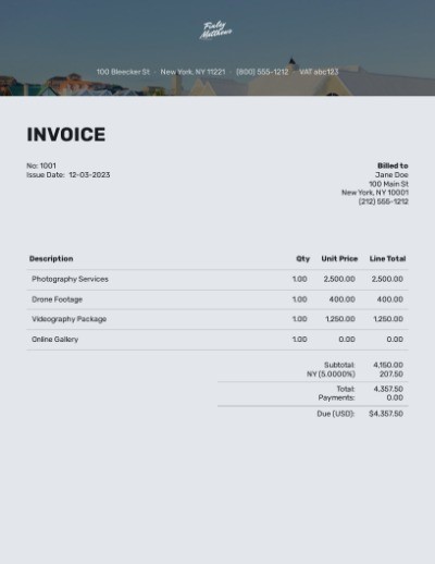 Real estate photography invoice