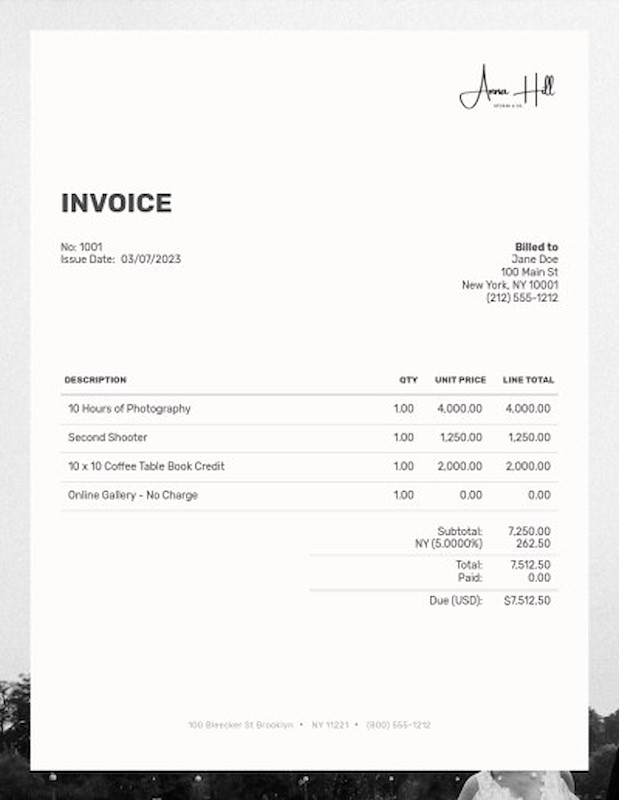 Wedding photography invoice template